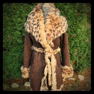 Brown and leopard long haired shearling jacket